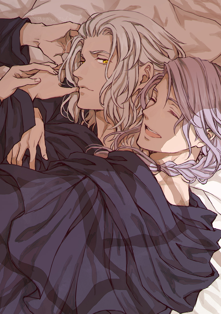 2boys ^_^ black_capelet braid capelet closed_eyes emet-selch final_fantasy final_fantasy_xiv from_above happy highres hug hug_from_behind hythlodaeus lying male_focus multiple_boys on_side open_mouth pillow purple_hair reitomo short_hair single_braid smile upper_body white_hair window_shadow yaoi yellow_eyes