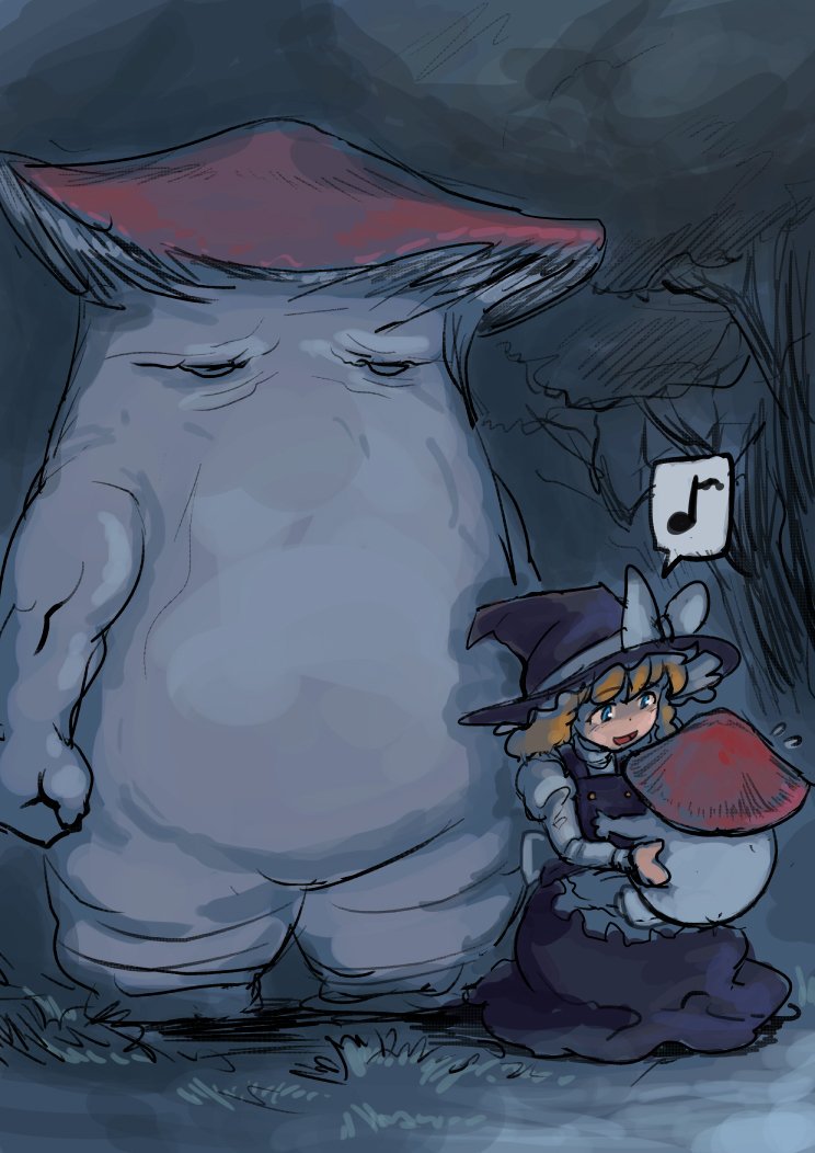 1girl :d apron black_headwear blonde_hair blue_eyes bow crossover dark_souls_(series) dark_souls_i enajii full_body grass hat hat_bow holding holding_mushroom juliet_sleeves kirisame_marisa long_sleeves mushroom mushroom_parent musical_note open_mouth outdoors puffy_sleeves smile spoken_musical_note standing touhou white_apron white_bow witch_hat