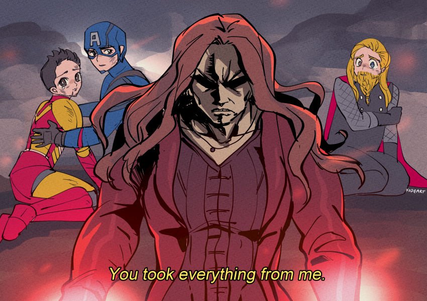 1girl 3boys animification armor artist_name avengers:_endgame avengers_(series) beard black_armor black_dress black_eyes black_gloves black_pants blonde_hair blue_bodysuit blue_eyes bodysuit breasts brown_eyes brown_hair cape captain_america closed_mouth collarbone collared_jacket dress english_text facial_hair full_armor gem gloves grey_armor grey_gloves grey_shirt grey_sky hand_up helmet iron_man jacket jewelry kadeart long_hair long_sleeves looking_at_another magic marvel marvel_cinematic_universe medium_breasts multicolored_armor multiple_boys necklace open_clothes open_jacket outdoors pants power_armor red_armor red_cape red_gemstone red_jacket scarlet_witch shirt short_hair sitting sky standing star_(symbol) steve_rogers striped superhero_costume tearing_up thor_(marvel) tony_stark v-shaped_eyebrows wanda_maximoff yellow_armor