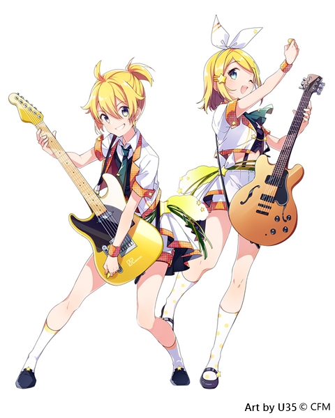 ;d aqua_eyes black_footwear blonde_hair blush bow_hairband collared_shirt copyright_notice cropped_jacket electric_guitar foot_up full_body gibson_es-335 green_necktie grin guitar hair_between_eyes hair_ornament hairband holding holding_guitar holding_instrument instrument jacket kagamine_len kagamine_rin necktie official_art one_eye_closed open_mouth shirt simple_background smile socks standing star_(symbol) star_hair_ornament teeth u35 vocaloid white_background white_hairband white_jacket white_shirt white_socks