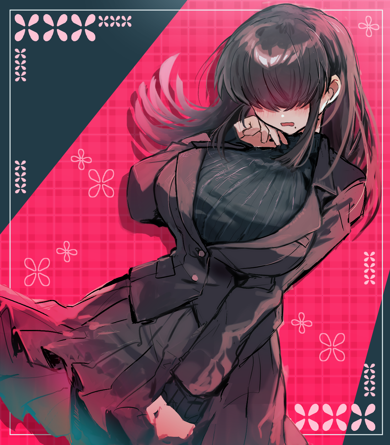 1girl black_hair black_sweater blazer blush breasts fuji_den_fujiko hair_over_eyes highres jacket kakure_meme kimi_no_koto_ga_dai_dai_dai_dai_daisuki_na_100-nin_no_kanojo large_breasts long_hair long_sleeves mole mole_under_mouth open_mouth pantyhose pleated_skirt ribbed_sweater skirt solo sweater turtleneck turtleneck_sweater