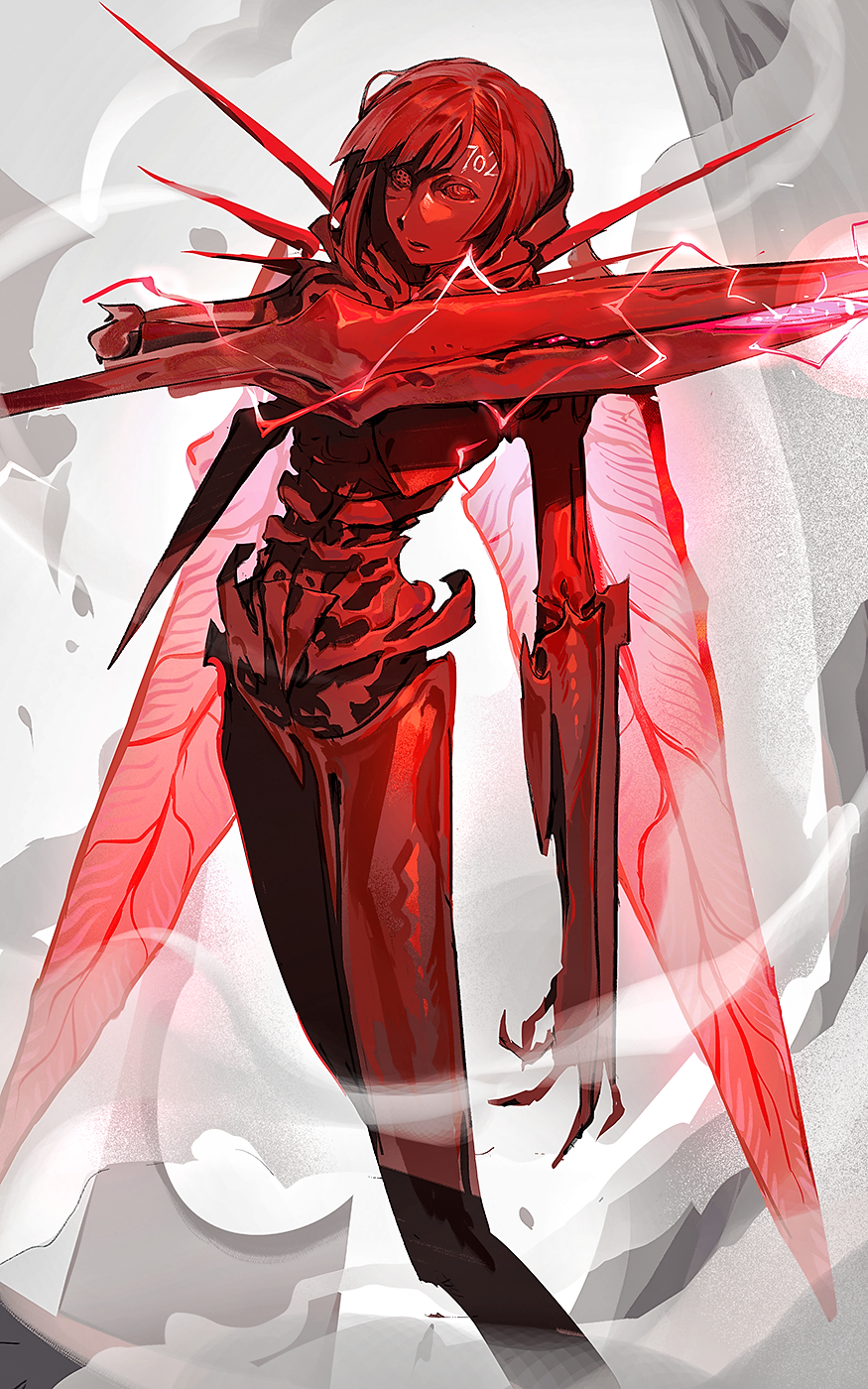 armor asymmetrical_eyes benisuzume_(gauna) claws electricity feet_out_of_frame gauna highres insect_wings monochrome morito_(sidonia_no_kishi) red_hair red_theme robot saiko67 science_fiction short_hair sidonia_no_kishi smoke solo spikes standing tail wings