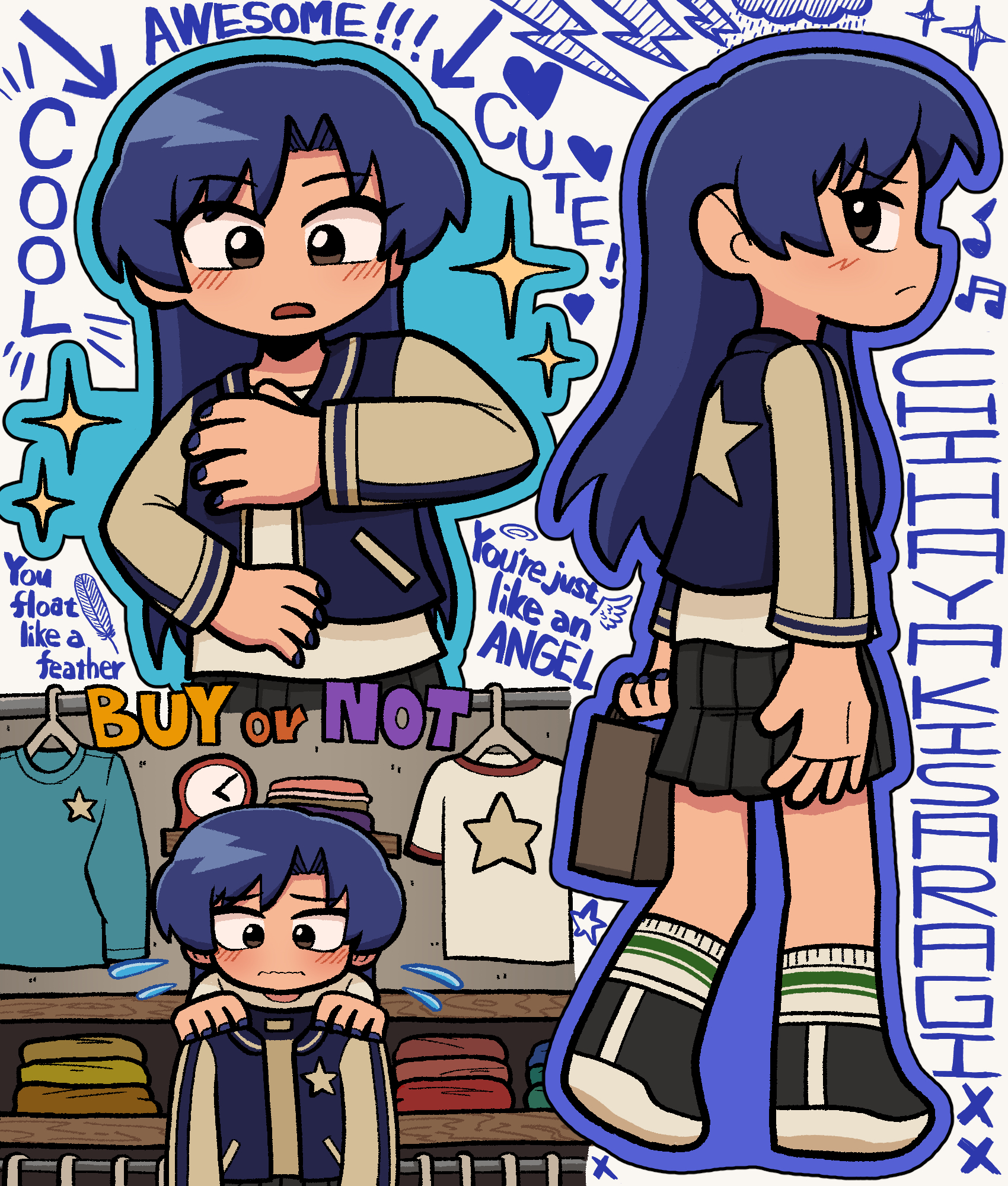 1girl bag black_shoes black_skirt blue_hair blue_outline brown_eyes cartoonized clock clothes_hanger english_text eyelashes fis_(t83192933) flat_chest flying_sweatdrops forehead full_body highres holding holding_bag idolmaster idolmaster_(classic) idolmaster_million_live! idolmaster_million_live!_theater_days jacket kisaragi_chihaya letterman_jacket light_blush long_hair long_sleeves looking_back multiple_views musical_note outline parted_bangs pleated_skirt shoes sidelocks skirt socks sparkle toon_(style) upper_body white_socks