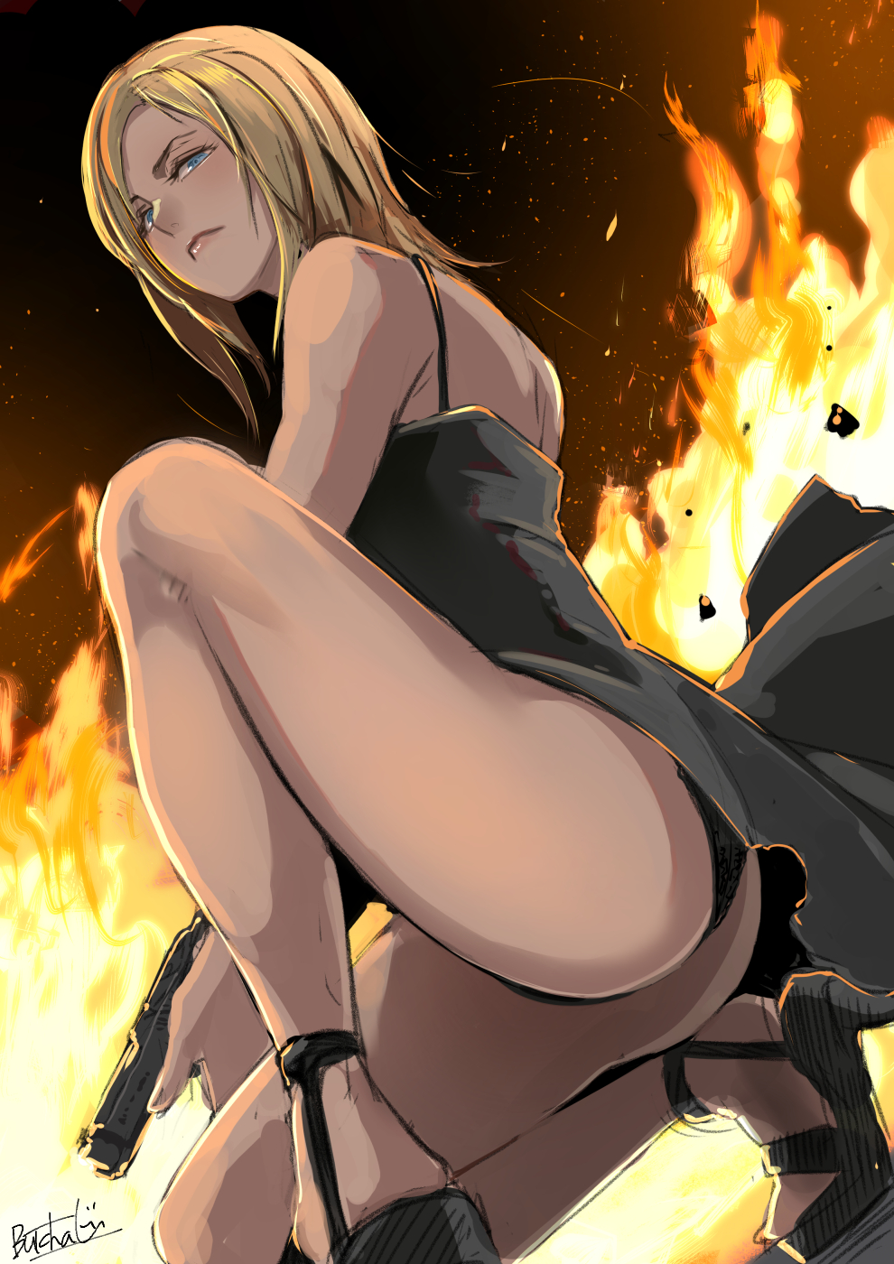 1girl ass aya_brea blonde_hair blue_eyes dress evening_gown fire gun handgun high_heels highres isamushi_k kneeling parasite_eve_(series) parasite_eve_i pistol square_enix thong weapon