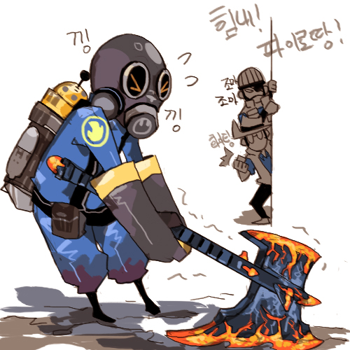 22_(tak_ja) 2boys axe bad_id bad_pixiv_id blu_demoman_(tf2) blu_pyro_(tf2) blu_sniper_(tf2) demoman_(tf2) gas_mask glasses gloves hat korean_text lowres mask multiple_boys pyro_(tf2) sharpened_volcano_fragment sniper_(tf2) sunglasses team_fortress_2 translation_request weapon