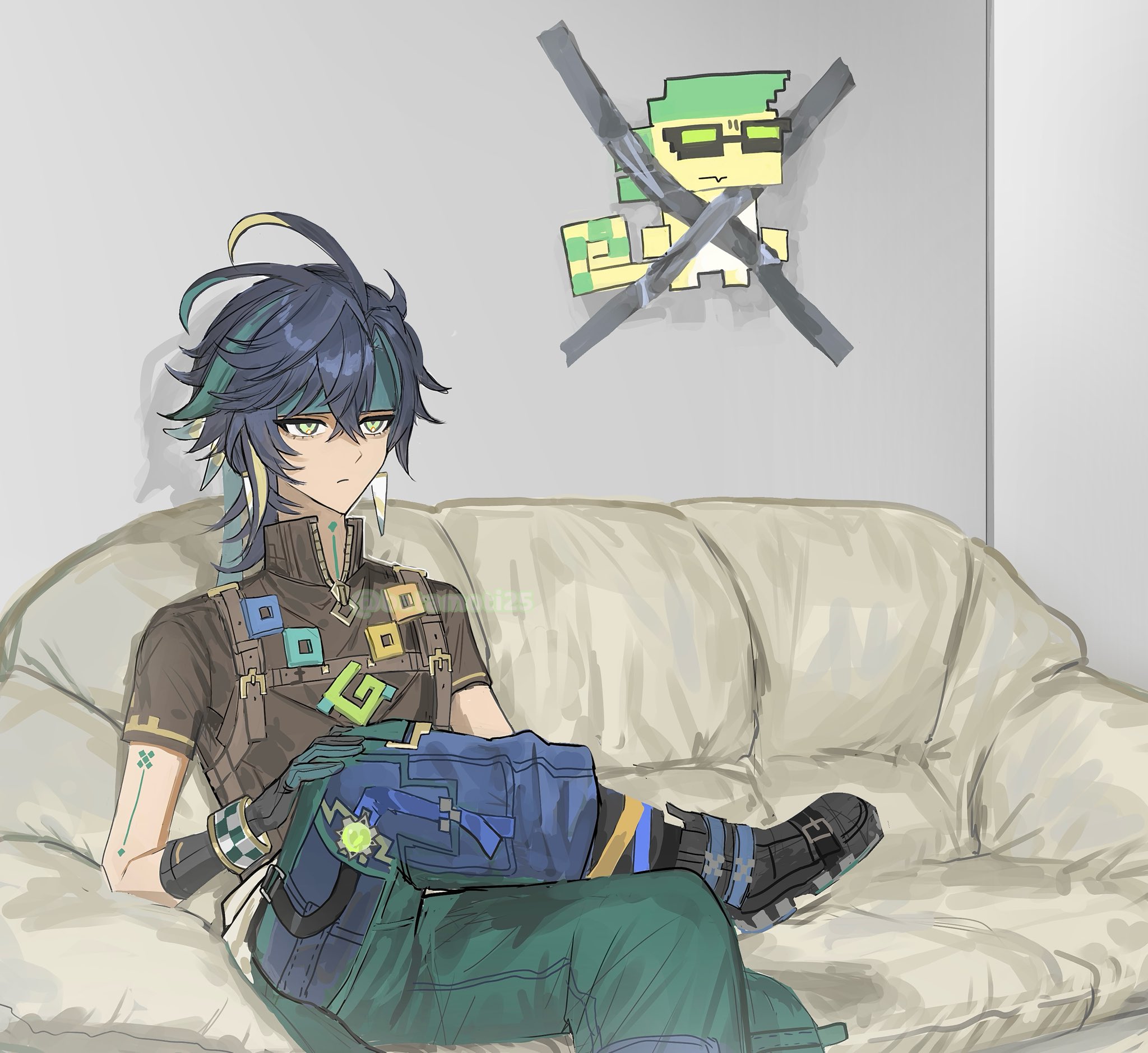 1boy ajaw_(genshin_impact) antenna_hair batamoti25 black_boots black_gloves black_hair black_shirt blonde_hair blue_gloves blue_pants body_markings boots closed_mouth couch crossed_bangs crossed_legs dragon duct_tape earrings genshin_impact gloves green_eyes green_hair green_headband green_pants hair_between_eyes hand_on_own_knee headband highres indoors jewelry kid_taped_to_wall_(meme) kinich_(genshin_impact) looking_to_the_side meme multicolored_hair necklace on_couch pants shadow shirt short_hair short_sleeves sitting sunglasses two-sided_gloves two-tone_pants zipper