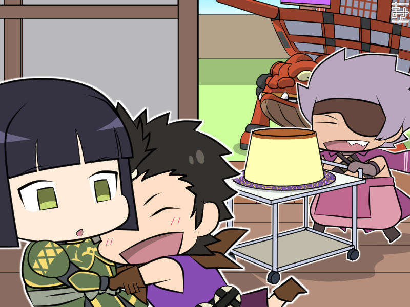 3boys :d :o bangs_pinned_back black_hair blunt_bangs blush brown_hair chibi chibi_only chousokabe_motochika_(sengoku_basara) food grey_hair hug leg_up manojimerser mori_ranmaru_(sengoku_basara) multiple_boys no_headwear official_style open_mouth parted_lips pudding sengoku_basara shibata_katsuie_(sengoku_basara) ship short_hair smile watercraft