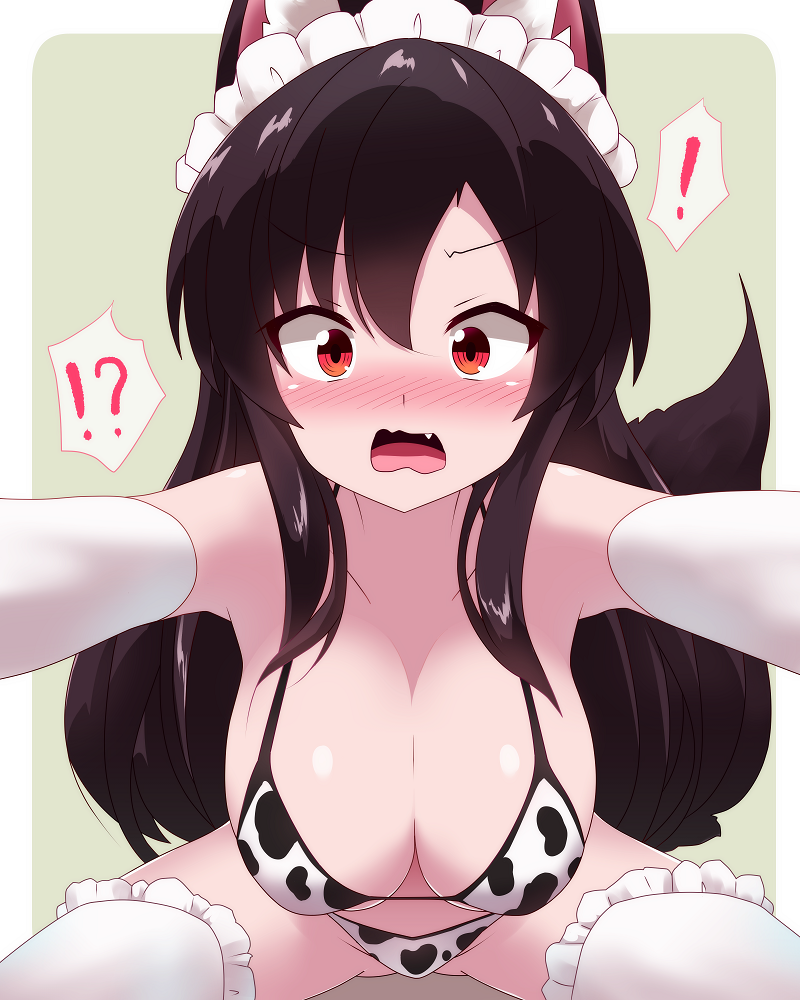 ! !? 1girl animal_ears animal_print bikini blush breasts brown_hair commentary_request cow_print cow_print_bikini elbow_gloves embarrassed fang frilled_thighhighs frills gloves hair_between_eyes imaizumi_kagerou large_breasts long_hair looking_at_viewer maid_headdress nose_blush open_mouth print_bikini red_eyes sivamaron solo swimsuit tail thighhighs touhou v-shaped_eyebrows very_long_hair white_gloves white_thighhighs wolf_ears wolf_girl wolf_tail