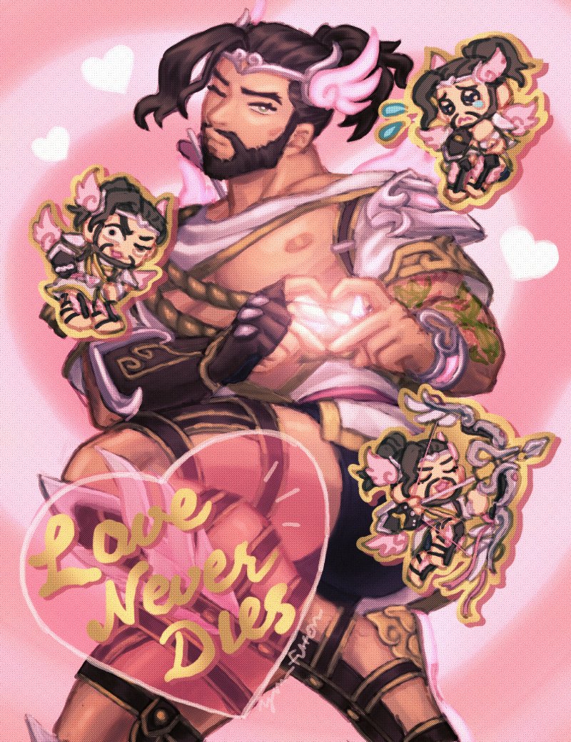 1boy arrow_(projectile) asian bara beard brown_hair chibi chibi_inset cupid_hanzo facial_hair feet_out_of_frame hanzo_(overwatch) heart heart_hands large_pectorals looking_at_viewer male_focus muscular muscular_male official_alternate_costume overwatch pectorals puckered_lips short_hair thick_eyebrows tiara underpec valentine yvn_futon