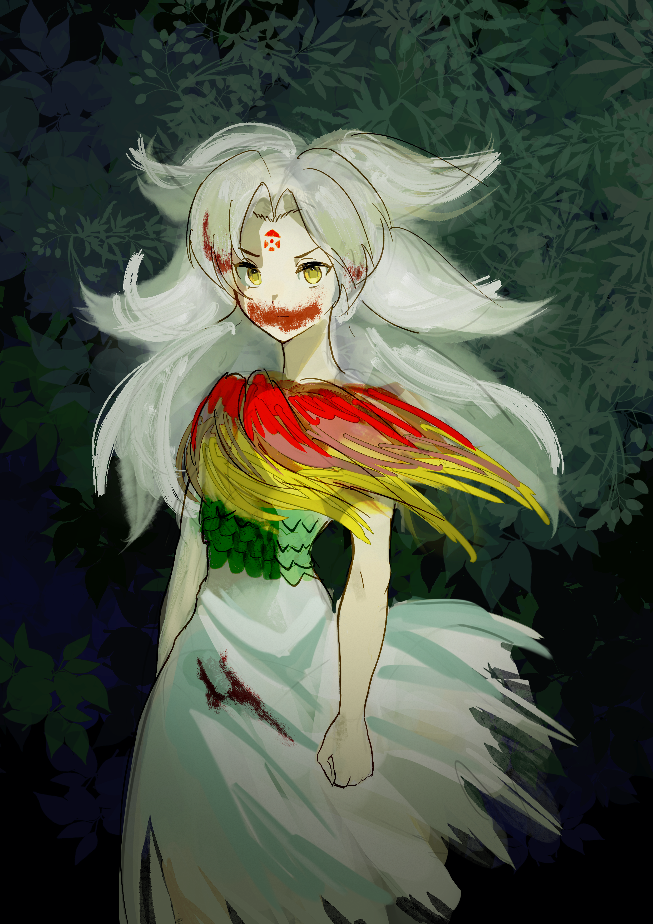 1girl absurdres blood blood_in_hair blood_on_face dress facial_mark forehead_mark fossilized_wonders highres houjuu_chimi indolent-anima_(xwxw8575) long_hair mononoke_hime parted_bangs torn_clothes torn_dress touhou white_dress white_hair yellow_eyes