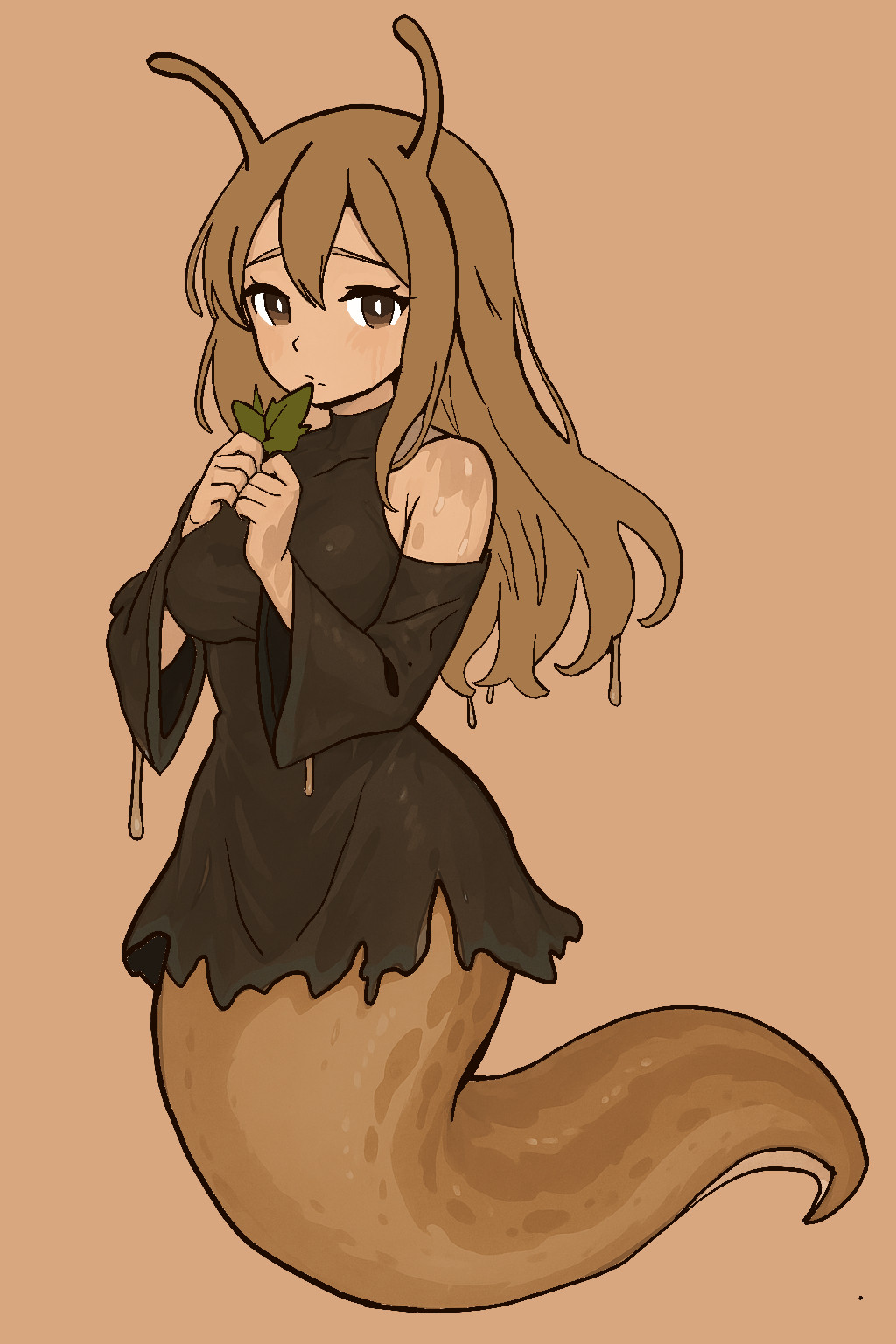 1girl antennae black_dress brown_background brown_eyes brown_hair closed_mouth clothing_cutout dress full_body hair_between_eyes hands_up highres holding holding_leaf leaf light_blush long_hair looking_to_the_side monster_girl original own_hands_together self-upload shoulder_cutout simple_background slug_girl solo waveringana wet