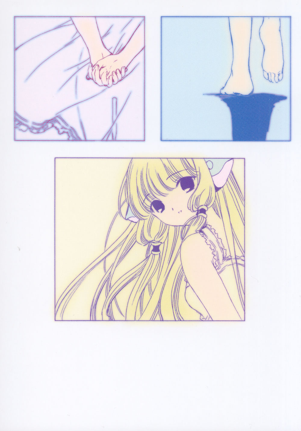 00s 2002 blonde_hair chii chobits clamp close-up comic highres official_art portrait postcard_(medium) silent_comic