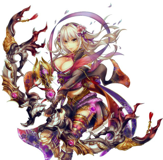 1girl bow_(weapon) bracer breasts capcom cleavage cleavage_cutout clothing_cutout company_connection female_focus flower hair_flower hair_ornament large_breasts long_hair midriff monster_hunter_(series) monster_hunter_frontier natasha_(monster_hunter) official_art onimusha_soul platinum_blonde_hair ribbon solo thighhighs weapon