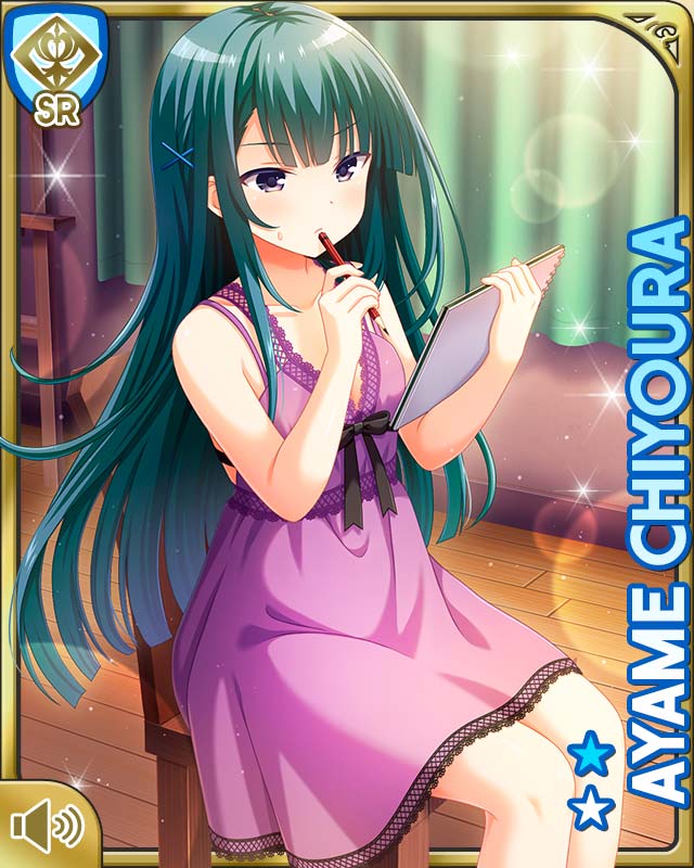 1girl aqua_hair barefoot bedroom breasts card_(medium) chair character_name chiyoura_ayame cleavage closed_mouth collarbone girlfriend_(kari) hair_ornament indoors long_hair nightgown official_art purple_eyes purple_nightgown qp:flapper sitting tagme thinking wooden_chair wooden_floor x_hair_ornament