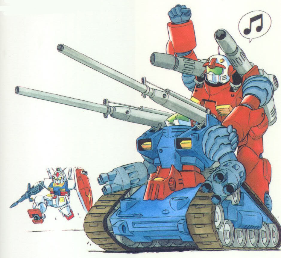 gun guncannon gundam guntank mecha mobile_suit_gundam musical_note robot rx-78-2_gundam shield weapon