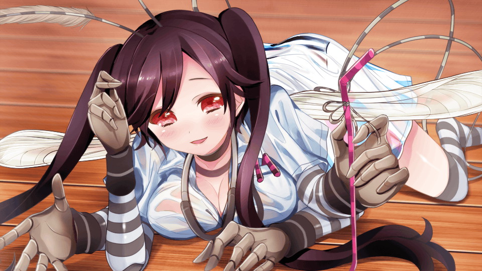 1girl antennae arthropod_girl artist_request black_hair blush breast_pocket breasts carapace ceska_(monster_musume) dress drinking_straw extra_arms game_cg long_hair looking_at_viewer medium_breasts monster_musume_no_iru_nichijou monster_musume_no_iru_nichijou_online mosquito_girl official_art open_mouth pocket red_eyes solid_eyes solo stethoscope striped_arm_warmers striped_clothes striped_thighhighs thighhighs twintails wet white_dress zettai_ryouiki