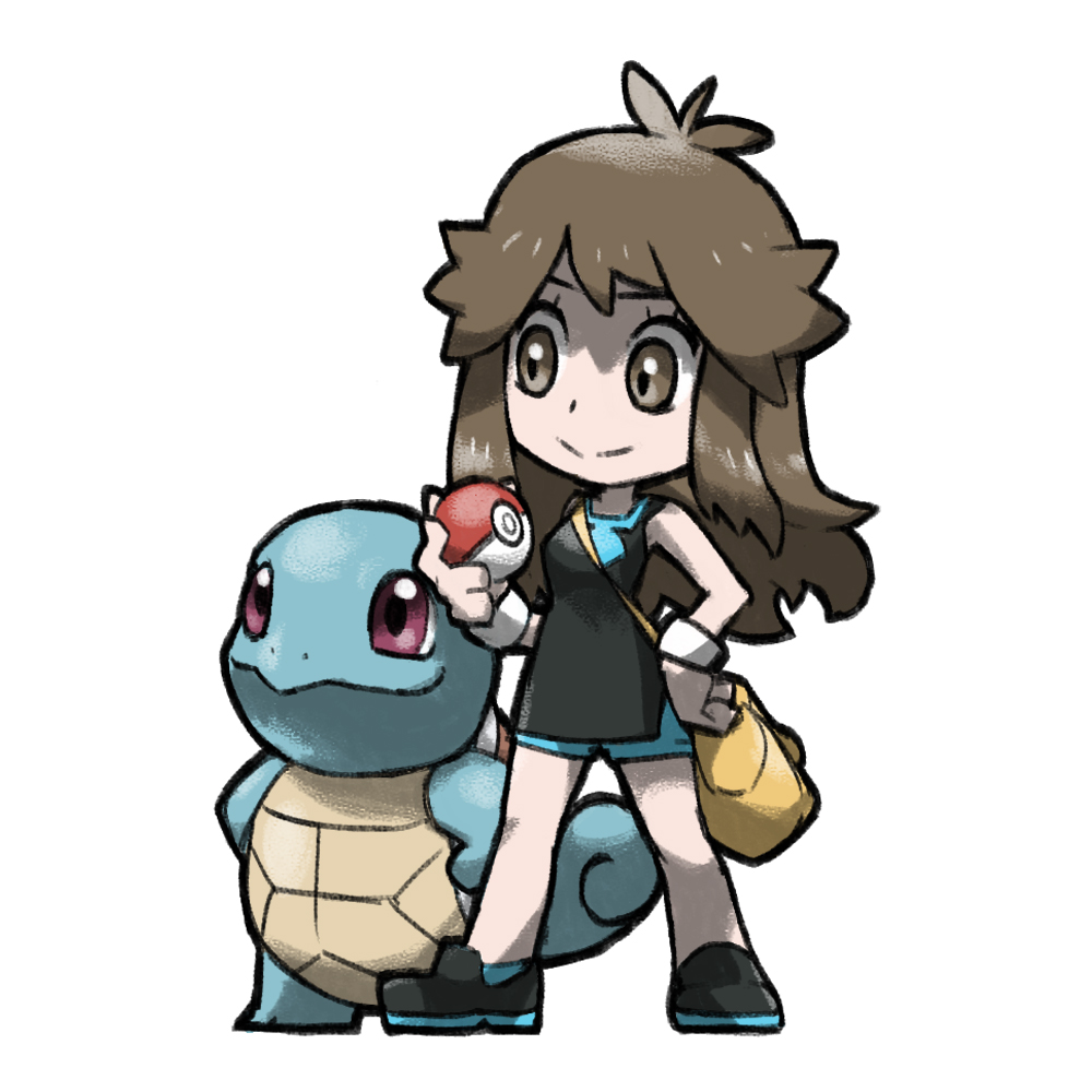 1girl :&gt; black_dress black_shoes blacknirrow bracelet brown_eyes brown_hair commentary creatures_(company) dress english_commentary eyelashes game_freak gen_1_pokemon green_(pokemon) hand_on_own_hip holding holding_poke_ball jewelry long_hair nintendo poke_ball poke_ball_(basic) pokemon pokemon_(creature) pokemon_lgpe red_eyes shoes simple_background sleeveless sleeveless_dress smile squirtle standing white_background yellow_bag
