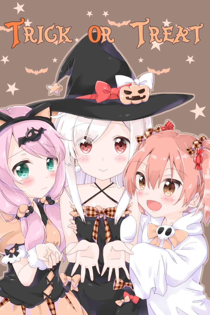 3girls :&gt; :d animal_ears arm_grab bare_arms bare_shoulders bat_(animal) bat_hair_ornament beige_bow beige_shirt beige_skirt black_bow black_dress black_hat blush bow brown_background brown_eyes brown_hair candy_hair_ornament candy_wrapper cat_ears closed_mouth collarbone commentary_request criss-cross_halter dress fake_animal_ears food-themed_hair_ornament girl_sandwich green_eyes hair_between_eyes hair_ornament hair_over_shoulder hair_scrunchie halloween halloween_costume halterneck hands_in_opposite_sleeves hat heart highres hood hood_down hoodie jack-o&#039;-lantern long_hair long_sleeves looking_at_viewer low_twintails multiple_girls open_mouth original outstretched_arm pink_hair plaid_bow puffy_short_sleeves puffy_sleeves red_bow sandwiched scrunchie shirt short_sleeves sidelocks skirt skull sleeveless sleeveless_dress smile star_(symbol) star_symbol_background tears trick_or_treat twintails uchuuneko white_bow white_hair white_hoodie witch_hat wrist_cuffs