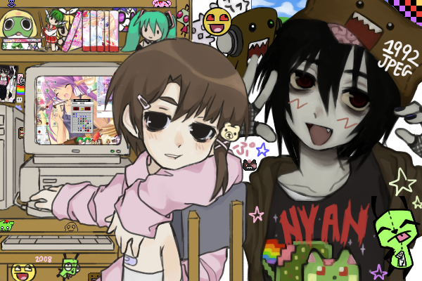 1992jpeg 1boy 1girl 2000s_(style) absurdly_detailed_composition awesome_face black_eyes black_hair bliss_(image) brown_hair character_request commentary computer computer_keyboard computer_mouse computer_tower copyright_request desk desktop_(computing) domo-kun emo_fashion english_commentary fang faux_retro_artstyle figure gir_(dog_costume)_(invader_zim) gir_(invader_zim) gloomy_bear hat hatsune_miku indoors invader_zim itazuraguma_no_gloomy iwakura_lain kagamine_rin keroro keroro_gunsou korilakkuma lee_hoon loaded_interior lol_comics looking_at_viewer microsoft_windows minesweeper monitor multi_(to_heart) my_little_pony my_little_pony:_friendship_is_magic nhk_(broadcaster) nyan_cat open_mouth original san-x scene_fashion serial_experiments_lain shimeji_(desktop_mascot) short_hair smile suicide_boy tac_nayn to_heart_(series) to_heart_2 vinyl_scratch vocaloid windows_xp zim_(invader_zim)