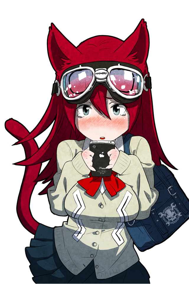 1girl :o animal_ears bag black_skirt blush breasts breasts_squeezed_together buttons camera_phone cardigan cat_ears cat_tail cellphone chain collared_shirt cowboy_shot female_focus goggles goggles_on_head grey_eyes hair_between_eyes holding iphone long_hair long_sleeves looking_at_viewer madworld neck_ribbon no_nose nose_blush open_mouth original phone pleated_skirt product_placement raised_eyebrows red_hair ribbon school_bag school_uniform shirt skirt skull skull_and_crossbones sleeves_past_wrists smartphone solo tail tears unbuttoned wrench yellow_eyes yoshimura_ken&#039;ichirou yosshii