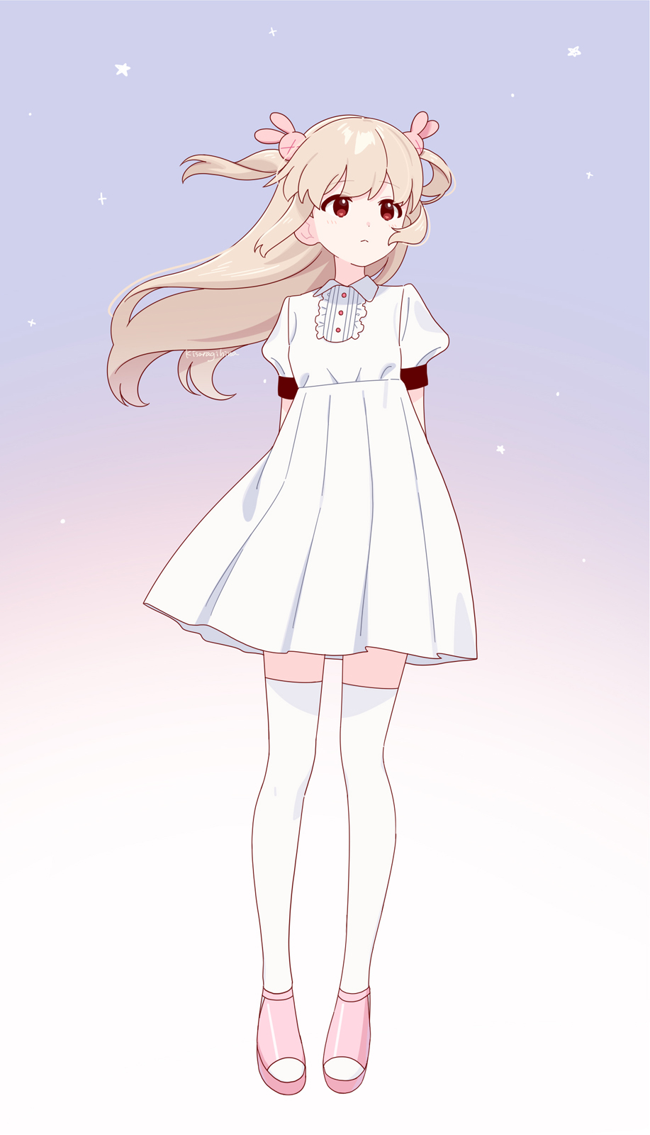1girl artist_name blonde_hair blush closed_mouth commentary dress full_body gradient_background hair_ornament hashtag-only_commentary highres kisaragi_hina long_hair natori_sana pink_sandals rabbit_hair_ornament red_eyes sana_channel sandals short_sleeves solo thighhighs two_side_up virtual_youtuber white_dress white_thighhighs