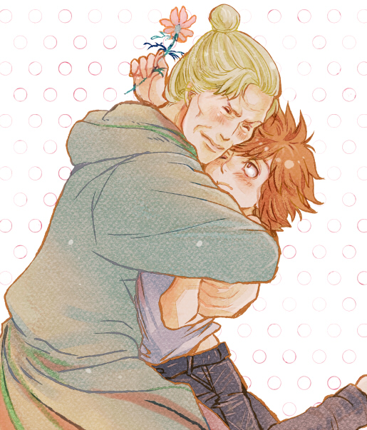 1boy 1girl bat_(hokuto_no_ken) blonde_hair blush brown_hair child denim flower grandmother_and_grandson half-closed_eyes hokuto_no_ken hug jeans jobo_(isi88) pants polka_dot polka_dot_background red_eyes shirt short_hair toyo_(hokuto_no_ken)