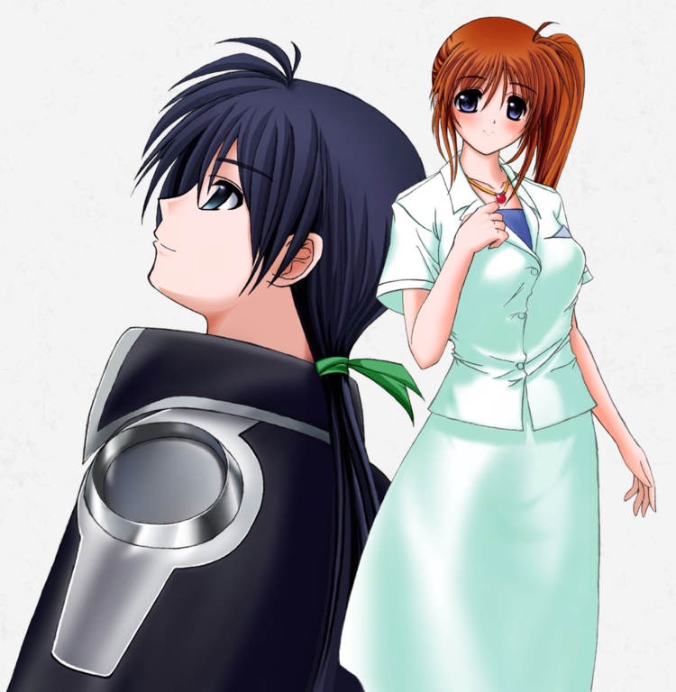 00s 1boy 1girl aged_up armor blue_eyes blush breastplate buttons chrono_harlaown dress green_dress jewelry looking_at_viewer lyrical_nanoha magical_boy mahou_shoujo_lyrical_nanoha necklace orange_hair ponytail purple_eyes raising_heart red_hair shorts side_ponytail simple_background smile standing takamachi_nanoha triangle_heart triangle_heart_3 triangle_heart_3_lyrical_toy_box white_background