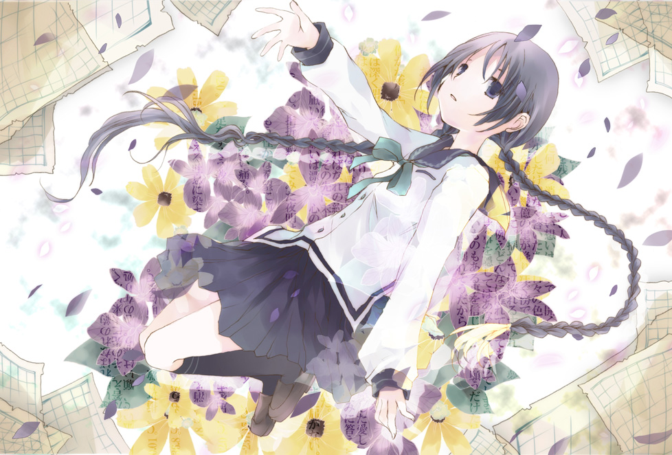 1girl amano_tooko black_hair black_legwear blue_eyes braid bungaku_shoujo female_focus hiyo_(aroma_berry) loafers paper school_uniform serafuku shoes skirt solo twin_braids