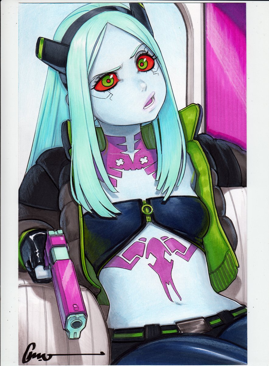 1girl artificial_eye black_gloves colored_sclera colored_skin cyberpunk_(series) cyberpunk_edgerunners cyborg gloves green_hair gun handgun highres holding holding_gun holding_weapon jacket mechanical_eye neck_tattoo omar_dogan pants pink_tattoo rebecca_(cyberpunk) red_sclera solo stomach_tattoo tattoo weapon