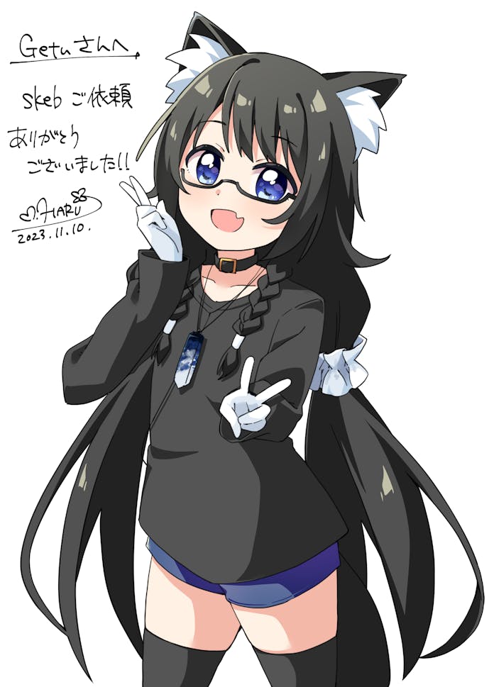1girl :d animal_ear_fluff animal_ears black-framed_eyewear black_choker black_hair black_shirt black_thighhighs blue_eyes blue_shorts blush cat_ears cat_girl choker collarbone commentary commission cowboy_shot dated double_v english_commentary glasses gloves hair_ornament hair_scrunchie haru_(konomi_150) jewelry long_hair long_sleeves looking_at_viewer necklace open_mouth original scrunchie semi-rimless_eyewear shirt short_shorts shorts signature simple_background skeb_commission smile solo thighhighs under-rim_eyewear v very_long_hair vrchat white_background white_gloves white_scrunchie