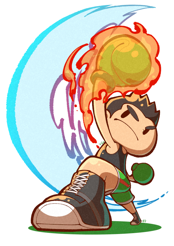 04sora40 1boy arm_up black_hair black_shirt black_shoes boxing_gloves chibi closed_mouth flaming_hand full_body gloves green_gloves green_shorts little_mac male_focus nintendo punch-out!! shirt shoes short_hair shorts simple_background solo standing super_smash_bros. white_background