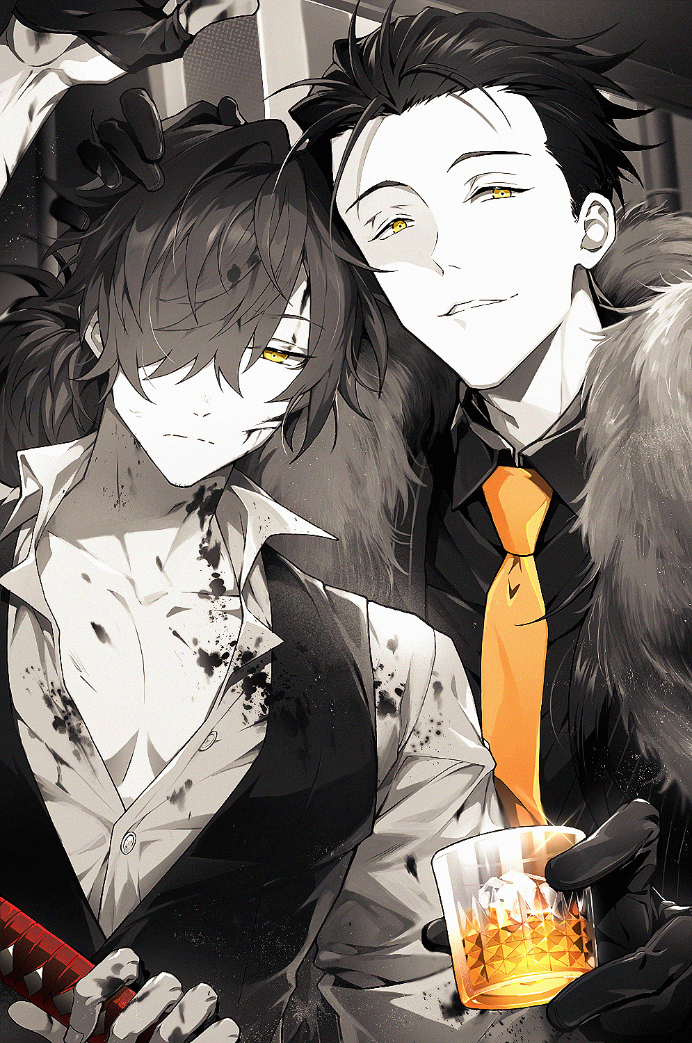 2boys black_gloves black_shirt black_vest blood blood_on_clothes blood_on_face blood_on_hands blood_stain collared_shirt cup drinking_glass facial_hair fate/grand_order fate_(series) fingerless_gloves gloves hair_over_one_eye hair_slicked_back hand_on_another&#039;s_head highres holding holding_cup holding_sword holding_weapon honi_(ohohoni) limited_palette long_hair low_ponytail male_focus multiple_boys necktie official_alternate_costume okada_izou_(fate) okada_izou_(i&#039;m_one_dapping_fella)_(fate) orange_necktie partially_unbuttoned pectorals ponytail sakamoto_ryouma_(fate) sakamoto_ryouma_(lancer)_(fate) shirt smirk sparse_stubble stubble sword vest weapon yellow_eyes