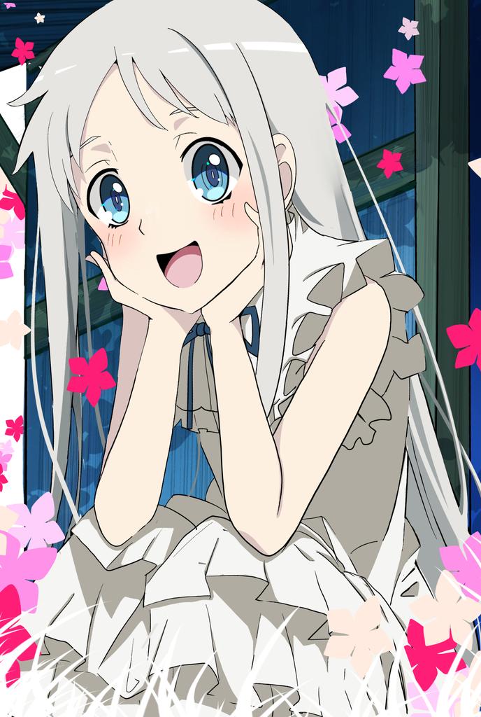 1girl ano_hi_mita_hana_no_namae_wo_bokutachi_wa_mada_shiranai. blue_eyes day dress female_focus flower honma_meiko long_hair looking_at_viewer open_mouth sitting solo white_dress yuruligon