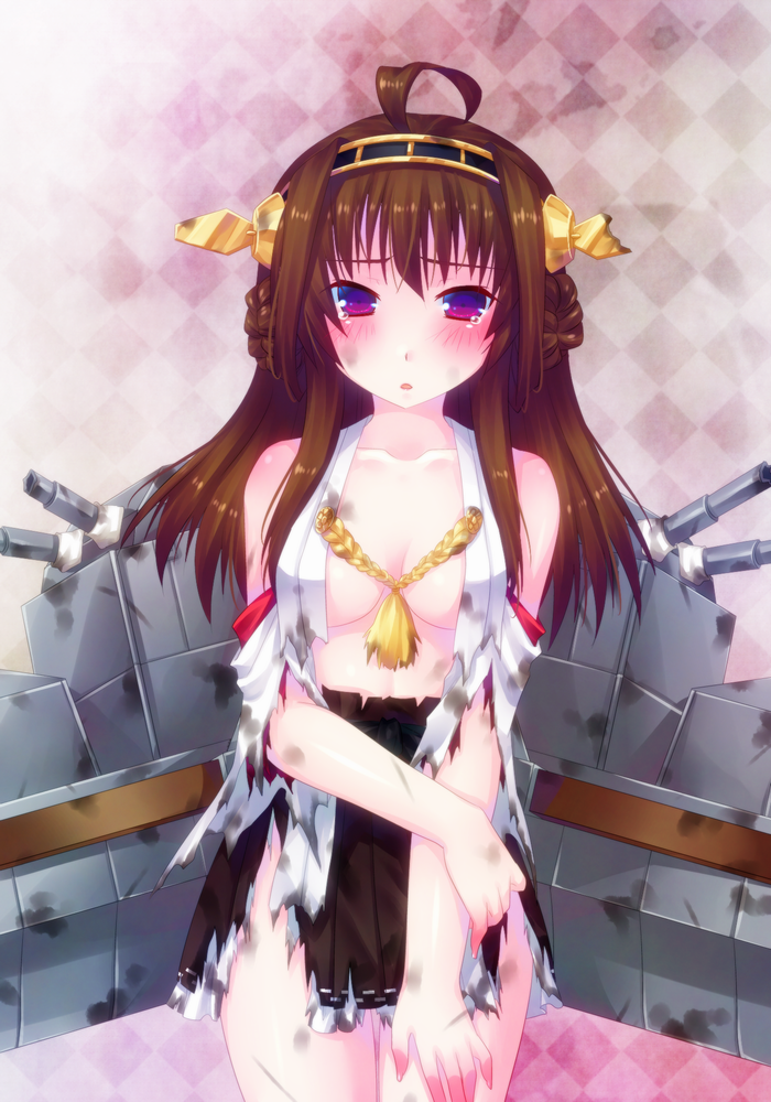 10s 1girl ahoge bad_id bad_pixiv_id brown_hair damaged detached_sleeves door_to_heaven female_focus hairband japanese_clothes kantai_collection kongou_(kancolle) long_hair looking_at_viewer machinery nontraditional_miko open_clothes open_mouth open_shirt purple_eyes ship_turret shirt solo tears torn_clothes wide_sleeves