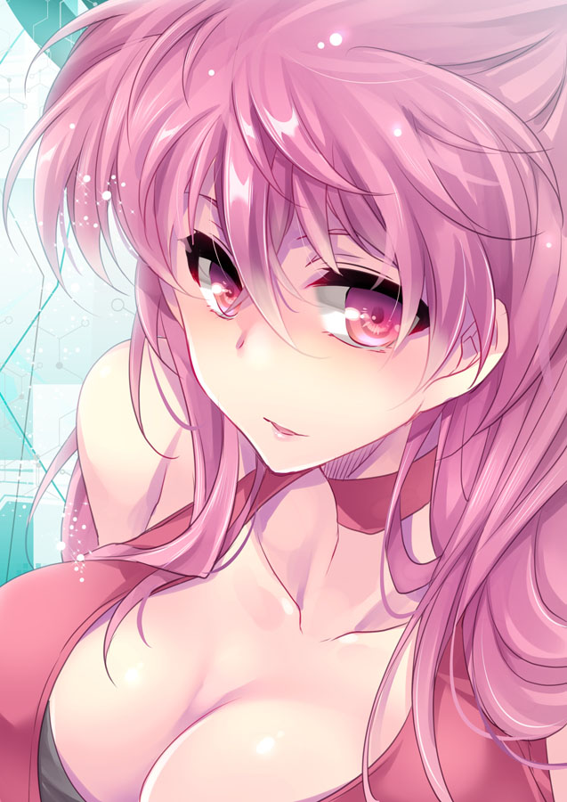 1girl breasts cleavage close-up dancouga_(series) hair_between_eyes hidaka_aoi juusou_kikou_dancouga_nova large_breasts looking_to_the_side open_mouth pink_eyes pink_hair shapiro single_bare_shoulder solo
