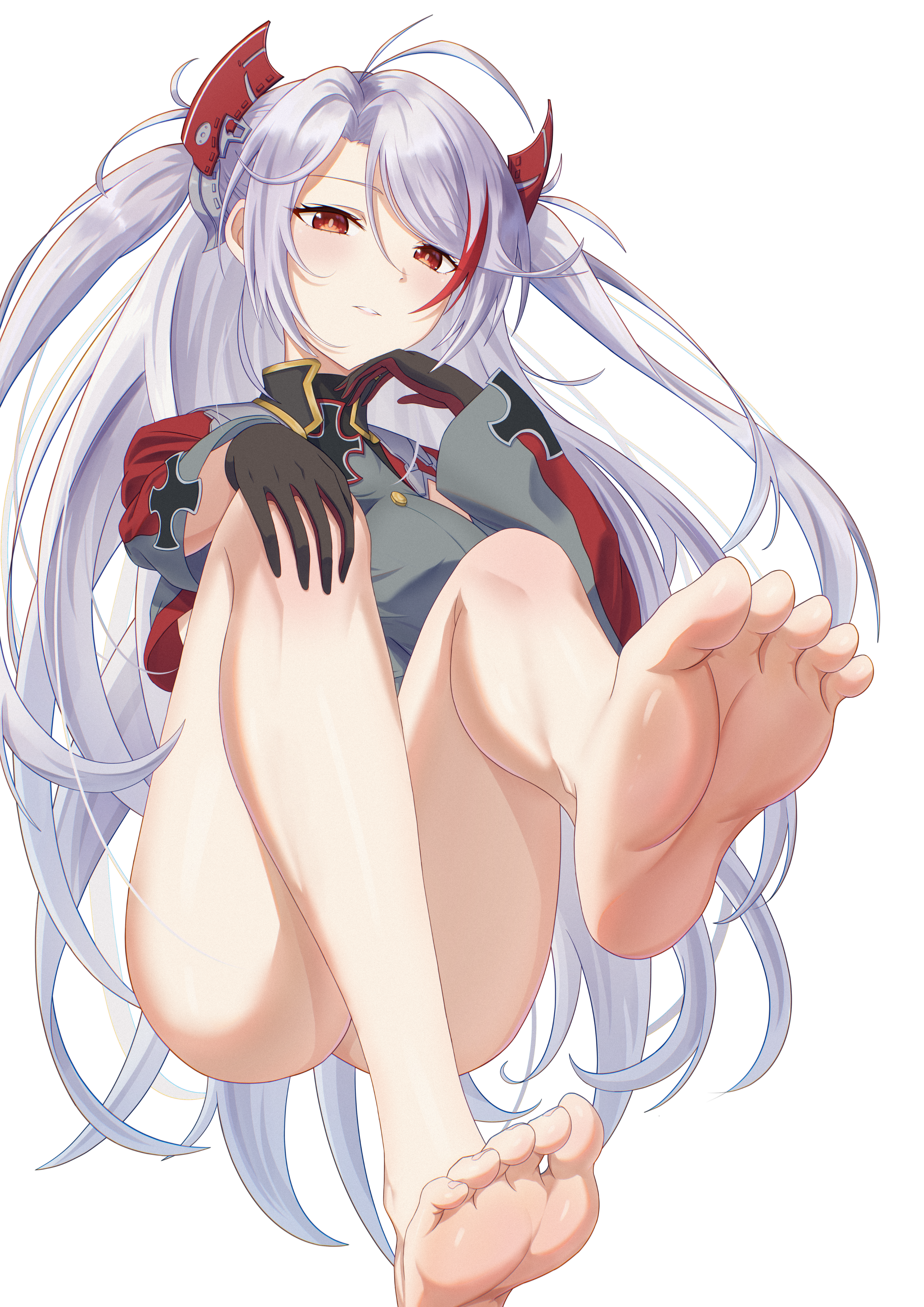 1girl absurdres azur_lane barefoot feet grey_hair hand_on_own_knee highres light_blush long_hair looking_at_viewer parted_lips prinz_eugen_(azur_lane) red_eyes soles taqielang toes twintails
