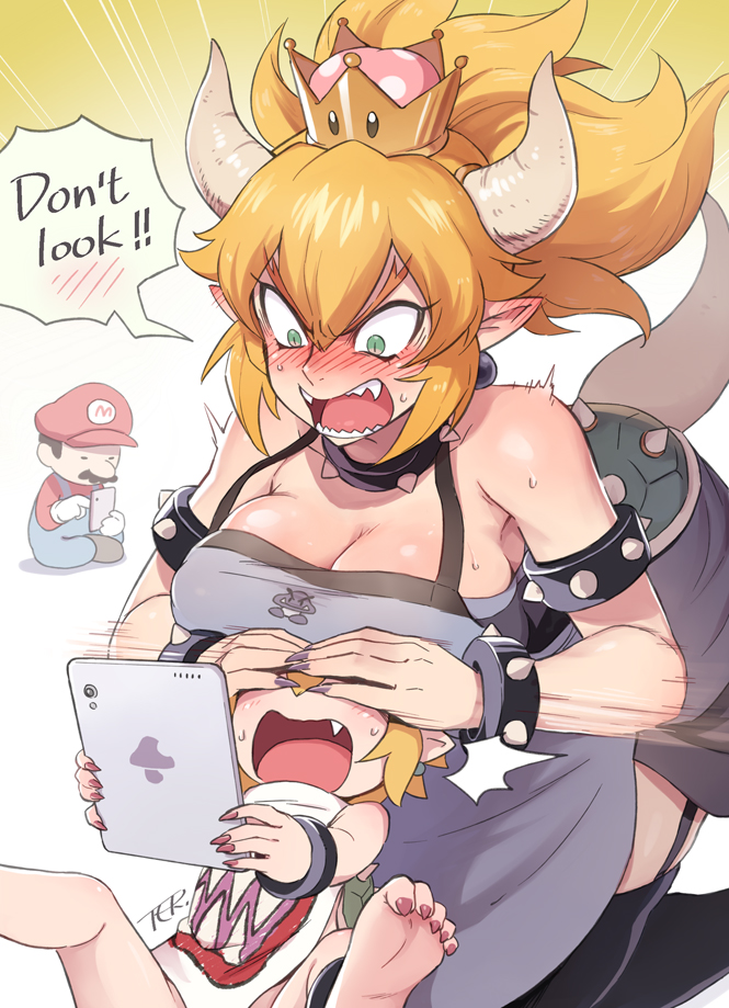 ! !! 1boy 2girls apron armlet bare_shoulders barefoot bird blush bowsette bowsette_jr. bracelet breast_rest breasts cabbie_hat child cleavage collar covering_another&#039;s_eyes covering_own_eyes crow ear_blush earrings english_text facial_hair family fang feet fingernails gloves hat horns implied_pornography ipad jewelry kneeling large_breasts mario mario_(series) mature_female mother_and_daughter multiple_girls mustache nail_polish new_super_mario_bros._u_deluxe nintendo open_mouth overalls phone pointy_ears ponytail red_hat sharp_fingernails sharp_teeth sharp_toenails sitting soles speech_bubble spiked_armlet spiked_bracelet spiked_collar spiked_shell spikes spread_legs super_crown suspenders sweatdrop tablet_pc teeth ter_(otokoter) thighhighs toenail_polish toenails toes wavy_mouth
