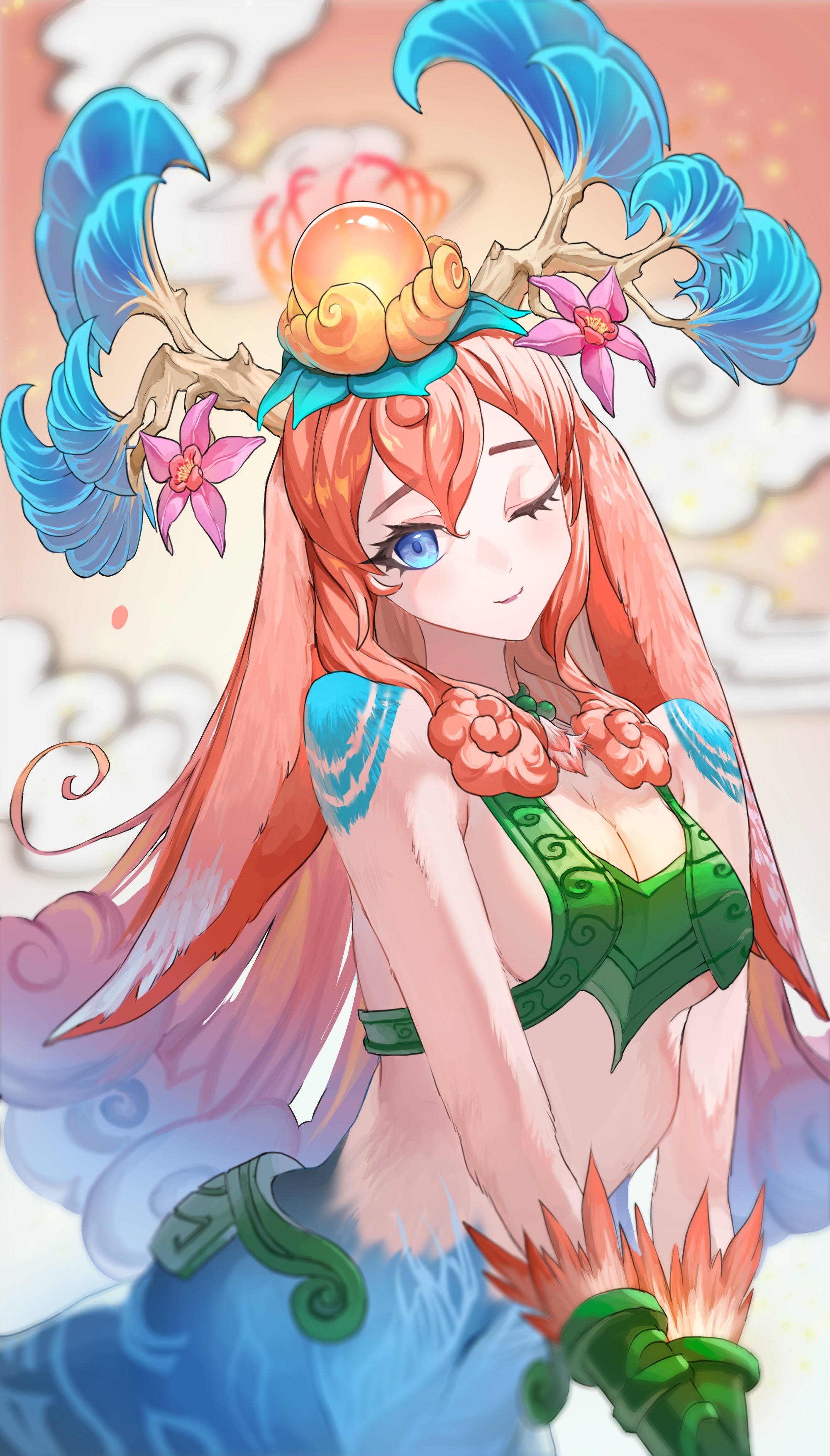 1girl ;) absurdres animal_ears antlers bare_shoulders blue_eyes bra breasts centaur cleavage cloud colored_skin flower gloves green_bra green_gloves green_skin hair_ornament highres horns horse_ears horse_girl large_breasts league_of_legends lillia_(league_of_legends) long_hair looking_at_viewer multicolored_background multicolored_hair one_eye_closed orange_hair pink_flower rayn87250715 shan_hai_scrolls_lillia smile solo taur underwear