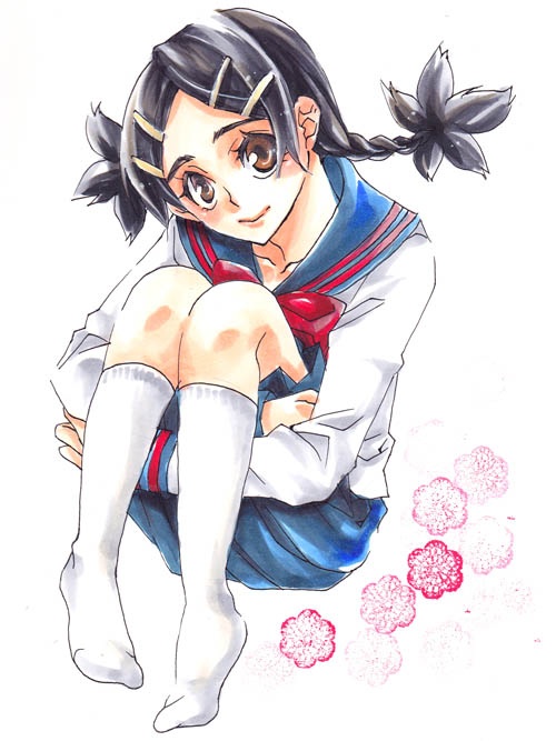1girl black_hair black_socks blush braid brown_eyes collarbone feet female_focus full_body hair_up head_tilt knees_up legs long_sleeves miniskirt no_shoes pleated_skirt shiki_(novel) shirt sitting skirt smile socks solo tanaka_kaori_(shiki) traditional twin_braids waka_(422972) white_shirt