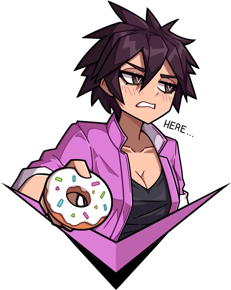 1girl black_hair black_shirt blush breasts cleavage commentary commission commissioner_upload dispatch donut embarrassed english_commentary food holding holding_food incoming_gift invisigal_(dispatch) jacket looking_to_the_side medium_breasts open_mouth pink_jacket pov shirt short_hair teeth tsundere vhite white_background