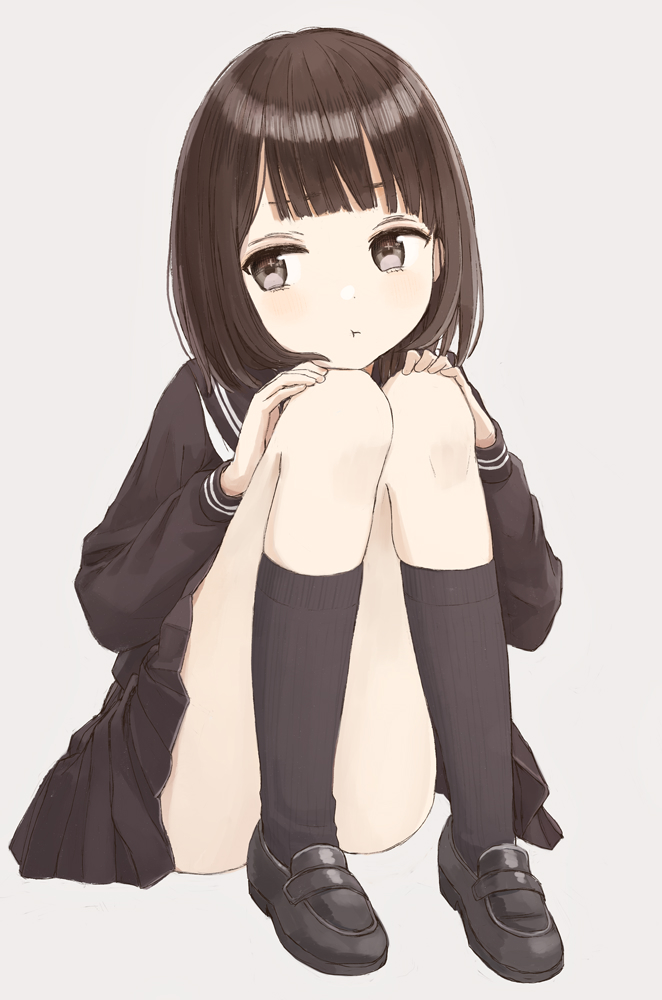 1girl :t black_sailor_collar black_serafuku black_shirt black_shoes black_skirt black_socks blouse blunt_bangs bob_cut brown_eyes brown_hair closed_mouth dot_nose eyebrows_hidden_by_hair facing_viewer frown full_body furrowed_brow grey_background hands_on_own_knees hands_up kneehighs knees_together_feet_apart knees_up light_blush loafers long_sleeves looking_away looking_to_the_side miniskirt narrowed_eyes nasuna neckerchief original pale_skin pleated_skirt pout puffy_long_sleeves puffy_sleeves sailor_collar school_uniform serafuku shirt shoes short_hair simple_background sitting skirt socks solo sparkling_eyes straight_hair upset white_neckerchief
