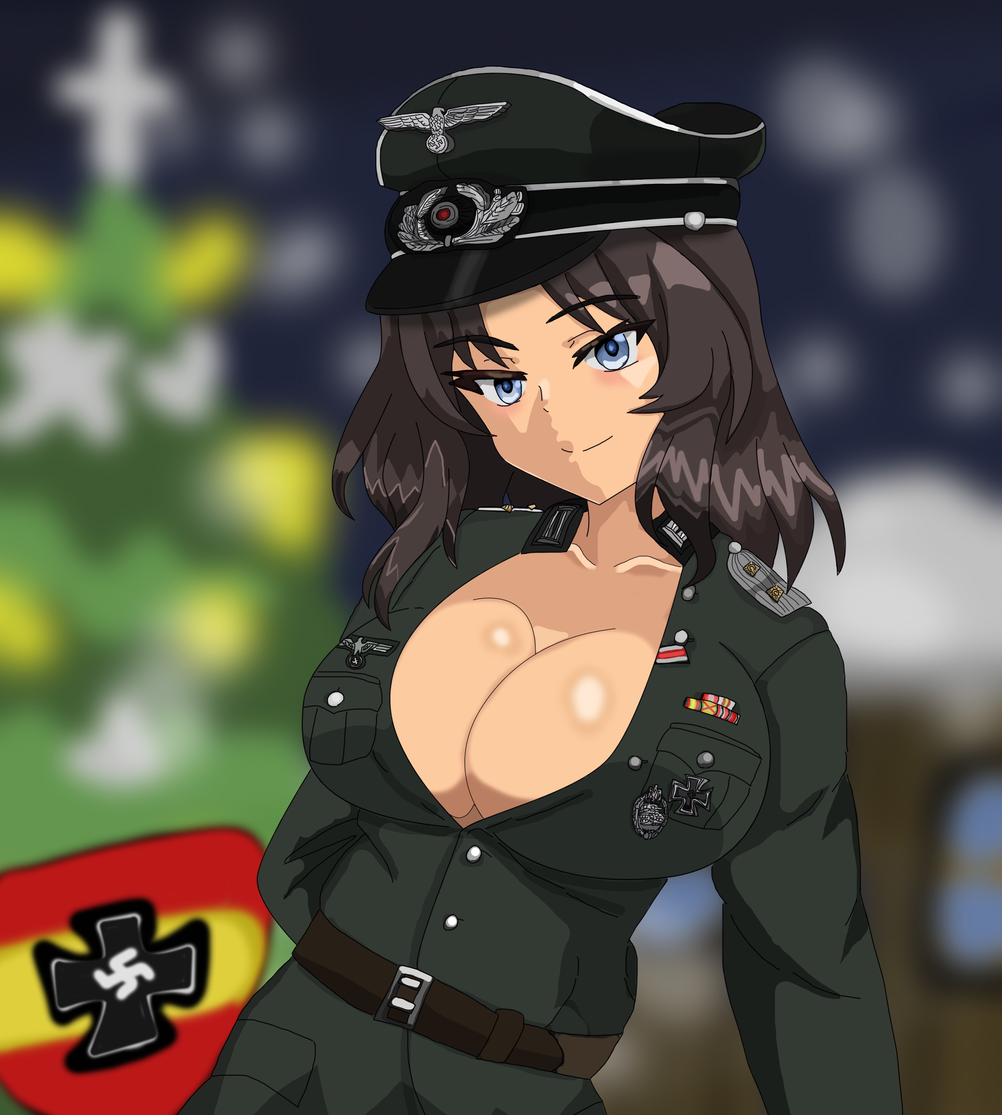 1girl absurdres blue_eyes blush breasts brown_hair cleavage closed_mouth collarbone el_(girls_und_panzer) girls_und_panzer hat highres keibu_sensei_(sbk) large_breasts looking_at_viewer medium_hair military_hat military_uniform smile solo spanish_flag swastika