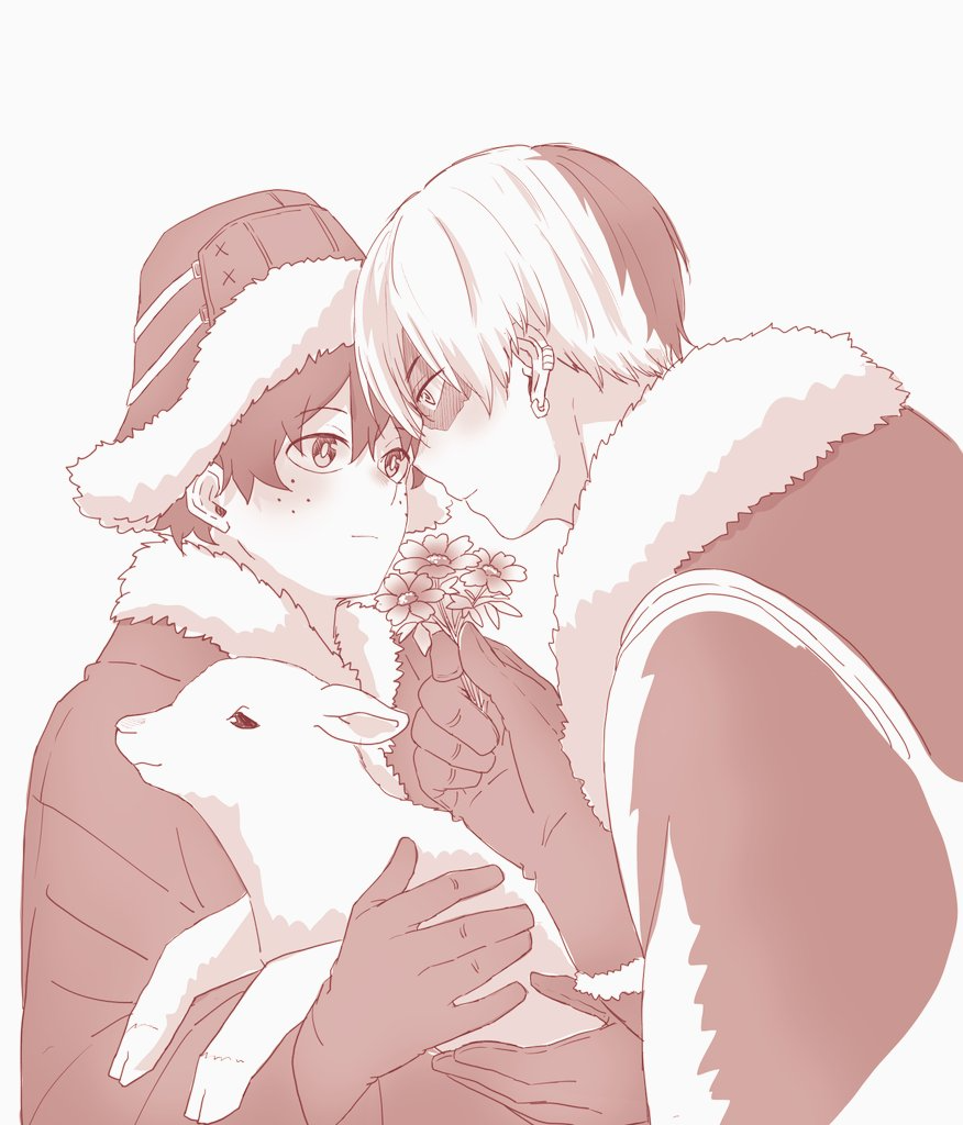 2boys blush boku_no_hero_academia carrying carrying_animal coat earrings flower gift gloves jewelry ko10_02 messy_hair midoriya_izuku multicolored_hair multiple_boys scar sheep tododeku todoroki_shoto two-tone_hair yaoi