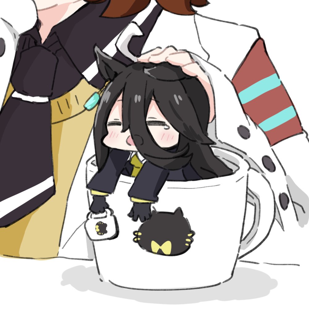 2girls =_= agnes_tachyon_(umamusume) animal_ears black_gloves black_hair black_jacket black_neckwear black_shirt blush brown_hair brown_neckwear collared_shirt commentary_request cup gloves hair_between_eyes headpat horse_ears in_container in_cup jacket lab_coat long_hair manhattan_cafe_(umamusume) mini_person minigirl mug multiple_girls name_connection nozo_(hitomiz) object_namesake open_clothes out_of_frame shirt simple_background solo_focus sweater_vest tears umamusume white_background