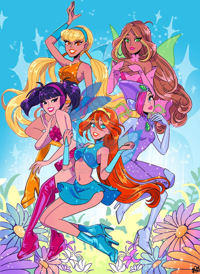 5girls aqua_eyes asian asymmetrical_shirt bare_arms bare_legs bare_shoulders black_eyes blonde_hair bloom_(winx_club) blue_arm_warmers blue_boots blue_eyes blue_flower blue_gloves blue_hairband blue_shirt blue_skirt blue_sky blue_wings blunt_bangs bodysuit boots bracer brown_hair chest_jewel clenched_hands closed_mouth commentary daisy_(flower) dark-skinned_female dark_skin day deviantart_logo deviantart_username dress elbow_gloves english_commentary eyelashes fairy fairy_wings field floating_clothes flora_(winx_club) flower flower_field full_body gem glitter gloves gold_tiara green_eyes green_gemstone green_wings grin hair_between_eyes hair_over_one_eye hair_tubes hairband hand_on_own_cheek hand_on_own_chin hand_on_own_face hand_up happy headphones high_heel_boots high_heels hood hood_up hooded_bodysuit light_blush light_particles lipstick long_hair looking_at_viewer low_twintails magical_girl makeup midriff miniskirt multicolored_hair multiple_girls musa_(winx_club) natalie_nardozza navel neck_flower orange_boots orange_flower orange_hair orange_lips orange_shirt orange_shorts outdoors own_hands_together parted_lips pink_arm_warmers pink_boots pink_dress pink_flower pink_hair pink_lips pink_shirt pink_skirt platform_boots purple_bodysuit purple_flower purple_hair shirt short_dress short_shorts shorts single_strap skirt skirt_set sky sleeveless sleeveless_shirt smile sparkle stella_(winx_club) strapless strapless_dress streaked_hair tecna_(winx_club) thigh_boots tiara transparent_wings turtleneck turtleneck_bodysuit turtleneck_shirt twintails two-tone_hair very_long_hair watermark white_flower wings winx_club yellow_gemstone