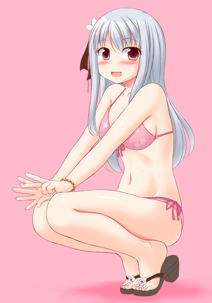 1girl bikini blunt_bangs bracelet breasts feet female_focus full_body halterneck hidamari_sketch jewelry long_hair looking_at_viewer matsuri_(hidamari_sketch) medium_breasts pink_background pink_bikini red_eyes sandals side-tie_bikini_bottom silver_hair simple_background solo squatting star_(symbol) star_print string_bikini swimsuit toes utomo