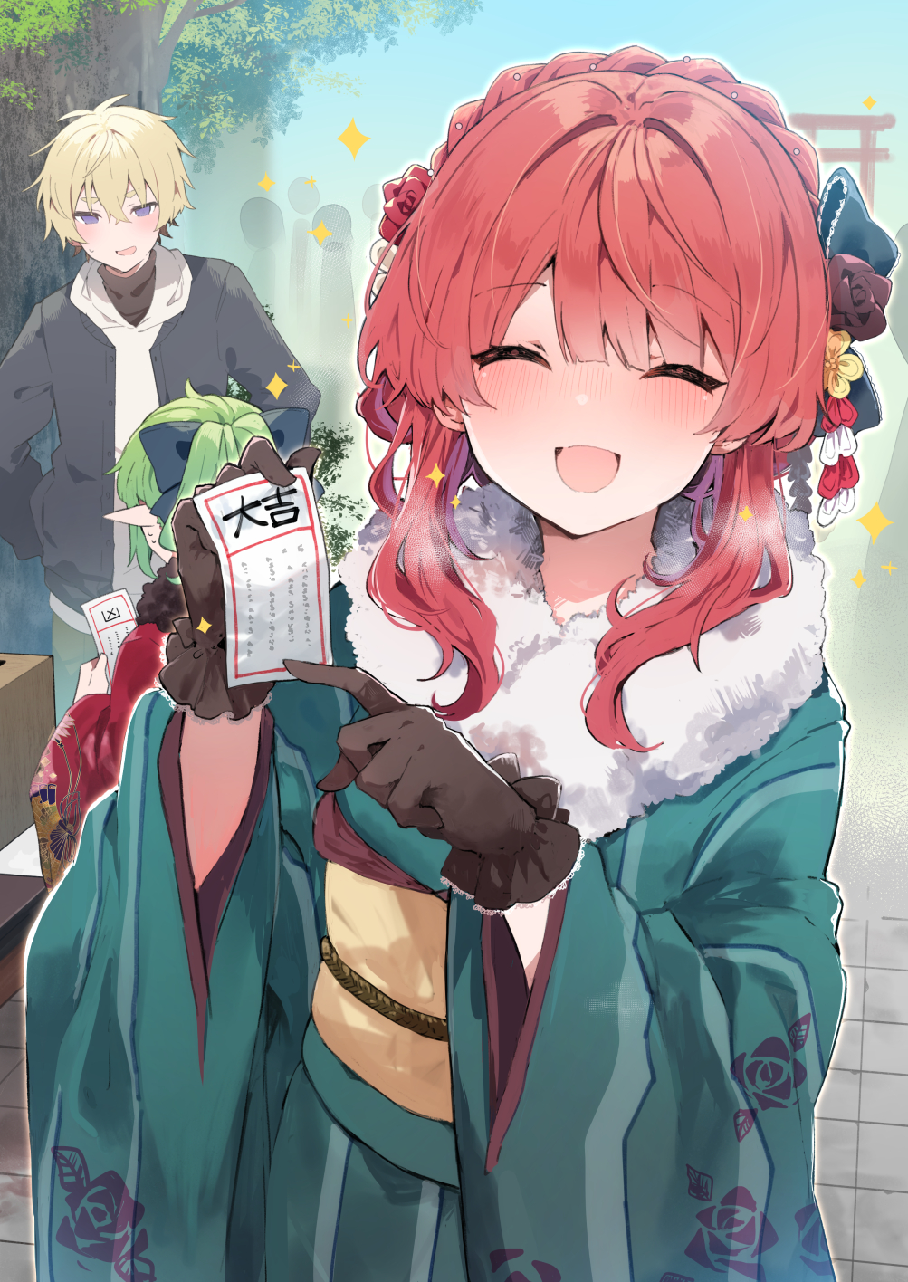 1boy 2girls anna_(ikeuchi_tanuma) black_gloves blonde_hair blush bow braid brown_eyes closed_eyes cowboy_shot flower gloves green_hair hair_bow hair_flower hair_ornament highres ikeuchi_tanuma japanese_clothes kimono leon_(ikeuchi_tanuma) looking_at_another looking_at_viewer multiple_girls obi omikuji open_mouth original outdoors pointing pointy_ears ponytail red_eyes rosette_(ikeuchi_tanuma) sash shrine smile translated tree