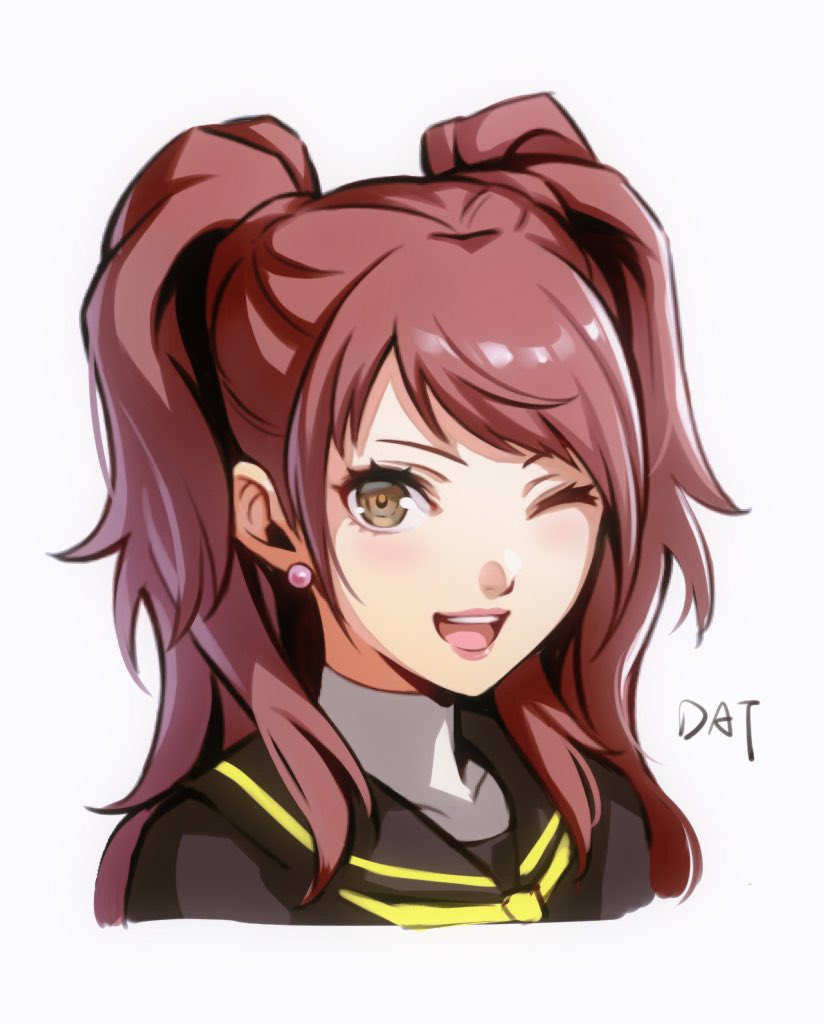 1girl ;d black_sailor_collar black_shirt brown_hair commentary cropped_shoulders da-cart earrings english_commentary grey_eyes jewelry kujikawa_rise long_hair looking_at_viewer one_eye_closed open_mouth persona persona_4 sailor_collar shirt smile solo two_side_up