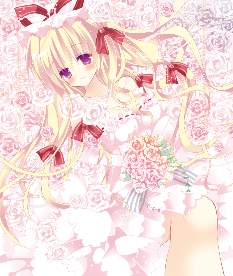 1girl alternate_costume bad_id bad_pixiv_id beads blonde_hair blush bouquet breasts cleavage dress female_focus flower flower_necklace hair_ribbon hashimo_yuki hat hat_ribbon jewelry large_breasts legs long_hair lying multicolored_flower multicolored_rose necklace purple_eyes ribbon rose smile solo touhou wedding_dress white_flower white_rose yakumo_yukari