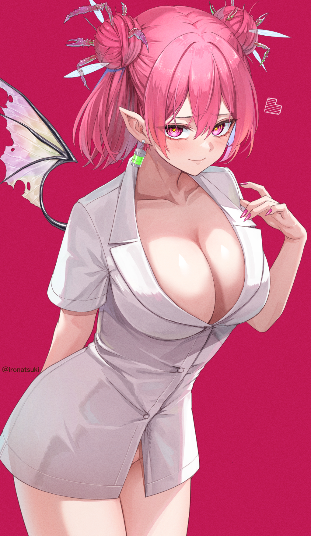 1girl arm_behind_back artist_name blush breasts cleavage closed_mouth collarbone cowboy_shot demon_wings double-parted_bangs double_bun earrings fingernails hair_between_eyes hair_bun hair_ornament heart heart-shaped_pupils highres ironatsuki jewelry large_breasts looking_at_viewer nail_polish no_pants nurse original pointy_ears red_background red_eyes red_hair red_nails shirt short_sleeves simple_background smile solo symbol-shaped_pupils thighs white_shirt wings